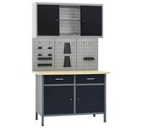 Workbench 120x60x85cm Black/Grey Steel Top Wood-Grain 2 Drawers 500kg w/ Cabinet