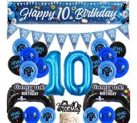 Video Game 10th Birthday Decorations - Blue Gaming Party Decor Happy 10th Birthday Banner Pennant Bunting, Cake Topper Number 10 and Controller Foil Balloons for Boys 10 Years Old Party Supplies