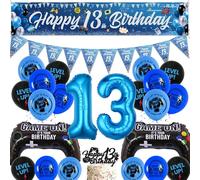 Video Game 13th Birthday Decorations - Blue Gaming Party Decor Happy 13th Birthday Banner Pennant Bunting, Cake Topper Number 13 and Controller Foil Balloons for Boys 13 Years Old Party Supplies
