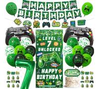 Video Game 7th Birthday Decorations, Happy Birthday Banners | Level 7 Unlocked Door Banner, Gaming Cake Toppers, Game Controller and Number 7 Foil Balloon for Boys 7 Years Old Party