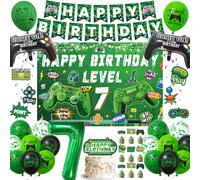 Video Game 7th Birthday Decorations, Happy Birthday Level 7 Banner | Gaming Cake Toppers Hanging Swirls, Game Controller and Number 7 Foil Balloon for Boys 7 Years Old Party Supplies