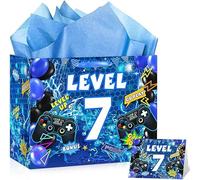 Video Game 7th Birthday Gift Bags Blue Gamer Birthday Gift Wrapping Bag Swith Handle Gaming Level Up Goody Bag with Tissue Paper and Greeting Card for Boys Girls Party Decor (7th)