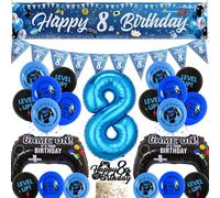 Video Game 8th Birthday Decorations - Blue Gaming Party Decor Happy 8th Birthday Banner Pennant Bunting, Cake Topper Number 8 and Controller Foil Balloons for Boys 8 Years Old Party Supplies