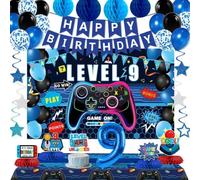 Video Game 9th Birthday Decorations for Boys, Blue Level 9 Party Decor Kits for Boy, 9 Years Old Game Supplies- Backdrop Honeycomb balls Hanging Swirls Centerpieces Balloons Tablecloth Cake topper