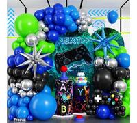 Video Game Balloon Arch Garland Kit, 125pcs Dark Blue and Green Black Silver Balloon with Royal Blue Silver Explosion Star Foil Balloons for Boys Gaming Night Birthday Baby Shower Party Decorations