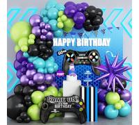 Video Game Balloon Arch Garland Kit, Teal Blue Purple Green Black Party Balloons with Game Handle Foil Balloons for Video Game Theme Birthday Party Boys Night Decor
