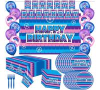 Video Game Birthday Party Supplies Set, Gaming Theme Decorations with Banner, Plates, Tablecloth, Balloons, Blue and Pink, Serves 20