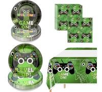 Video Game Party Decorations, Disposable Dinner and Dessert Plates and Napkins, Tablecloth Video Game Party Set, Gaming Birthday Party Supplies for Boys Teens, 61 PCS (Serve 20, Green)