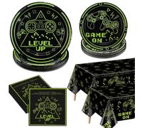 Video Game Party Decorations - Green Gaming Birthday Decorations Includes Game On Plates, Napkins, Tablecloth for Boys Level Up Birthday Decorations Game On Party Supplies, Serve 40