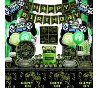 Video Game Party Decorations - Including Game On Plates, Level Up Napkins, Cups, Birthday Banner, Balloons, Fringe Curtain for Boys Level up Game On Birthday Party Supplies