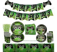 Video Game Party Supplies - Gaming Themed Birthday Party Decor for Boys and Teens- Including Plates, Cups, Napkins, Tablecloth, Hanging Swirls, Banners and Balloons (Green Serves 20 A)