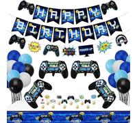 Video Game Party Supplies - Including 3 HAPPY BIRTHDAY Gaming Banners, 1 Tablecloth, 10 Cake Toppers, 36 Game Themed Balloons for Kids and Boys Birthday Party Decorations