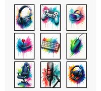 Video Game Room Decor Posters Set of 9, Watercolour Style Canvas Gamer Wall Art Prints, Cool Decorations for Boys Room, Kids Bedroom, or Study Room, Gaming Lover Gift, 8x10 Art Prints Unframed (Gaming