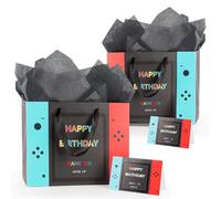 Video Game Themed Gift Bags with handles, Game Inspired Controller Design for Gamer Birthday Party Favors, Gifts for Him, Boys Birthday Presents Bag with Greeting Cards (2 Pack)