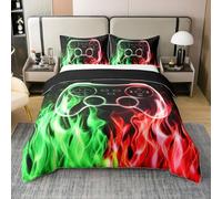 Video Games 100% Cotton Duvet Cover Super King,Red Green Fire Bedding Set 3Pcs for Girls Boys Adult Room Decor,Cool Burning Flames Comforter Cover Modern Black Quilt Cover,2 Pillowcases