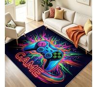 Video Games Alphabet Area Rug for Living Room 60 x 110 cm, Washable Low-Pile Carpet, Non-Slip Backing, Gaming Controller Modern Rug in Black Blue, for Playroom