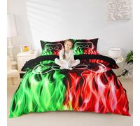 Video Games Bedding Sets Super King,Red Green Fire Duvet Cover Set 3Pcs for Kids Girls Boys Adult Room Decor,Cool Burning Flames Comforter Cover Modern Black Quilt Cover,2 Pillowcases