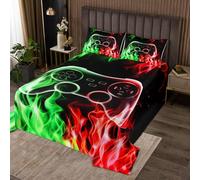 Video Games Bedspread Double Size,Red Green Fire Quilt Sets 3Pcs for Kids Teens Youth Room Decor,Cool Burning Flames Bedding Sets Modern Black Down Comforter,2 Pillowcases