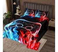 Video Games Bedspread King Size,Red Blue Flame Bedding Quilt 3Pcs for Woman Men Adults Room Decor,Cool Gaming Fire Coverlet Sets Modern Black Comforter Sets,2 Pillowcases