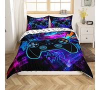 Video Games Duvet Cover Set Double Size, Blue Flash Gamepad Bedding Set 3pcs for Kids Boys Teens Room Decor, Modern Gamer Reversible Comforter Cover Youth Gaming Quilt Cover with 2 Pillowcases