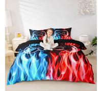 Video Games Duvet Cover Set Single Size,Red Blue Flame Bedding Sets 2Pcs for Kids Girls Boys Adult Room Decor,Cool Gaming Fire Comforter Cover Modern Black Quilt Cover,1 Pillowcase