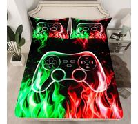 Video Games Fitted Sheet King Size,Red Green Fire Bedding Sets 3Pcs for Girls Boys Adult Room Decor,Cool Burning Flames Bed Sheets Modern Black Deep Pocket Sheet,2 Pillowcases
