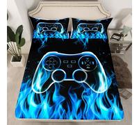 Video Games Fitted Sheet Single Size,3D Blue Flame Bedding Sets 2Pcs for Kids Girls Boys Room Decor,Cool Burning Fire Bed Sheets Modern Black Deep Pocket Sheet,1 Pillowcase