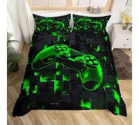 Video Games Gamer Bedding Double for Boys Kids Teens Gaming Comforter Cover, Geometric Plaid Bed Set Black and Green Duvet Cover Gradient Glowing Grid Quilt Cover 3pcs (Zipper Closure)