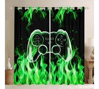 Video Games Window Curtain,Neon Green Flame Window Treatment Curtain,Teens Woman Men 3D Gamepad Bedroom Curtains Cool Modern Living Room Decor Top 2 Panels,66Wx72L
