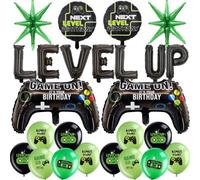 Video Gaming Birthday Decorations Balloons - 25 PC Black Green LEVEL UP Foil Balloon Banner Next Level Birthday Explosion Star Balloons Gamepad for Boys Girls Bday Game Theme Gamer Decorations Party