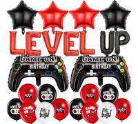 Video Gaming Birthday Decorations Balloons - 25 PC Black Red LEVEL UP Foil Balloons Banner Game On It's Your Birthday Star Balloons Gamepad for Boys Girls Bday Game Themes Gamer Decoration Party Decor