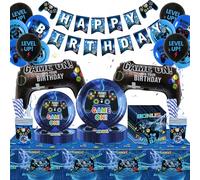 Video Gaming Party Decorations Tableware - 96 Pieces Birthday Supplies, Happy Birthday Banner, Blue Game Balloon, Tablecloths Plates Cups Napkins for Kids Boys Men Gamer, Serves 10 Guests