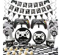 Video Gaming Party Supplies - Game Plates, Paper Cups, Napkins, Cake Toppers, Straws, Tablecover, Banner, Hanging Swirls, and Balloons for Kid Boy Birthday Tableware Decoration Set - Serves 20