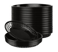 VIDETOL 100 PCS Plastic Food Basket, 22 x 14 x 4 cm Reusable Oval Fruit Basket, Black Fast Food Basket for Party, Picnics, BBQ