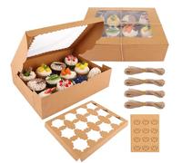 VIDETOL 24 Pcs Cupcake Boxes 12 Hole, Cavity Cupcake Boxes with Window, Inserts, Stickers and Twine String, Brown Cupcake Box for Cupcakes and Muffins, 32.5x24.8x9cm