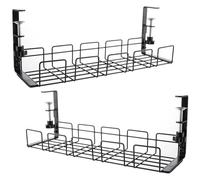 VIDETOL Under Desk Cable Management Tray Set of 2, No Drill Cable Tray for Storing Extension Cords and Hiding Wires, Metal Black Cable Rack with Clamp for Home, Office, Internet Cafe, Kitchen