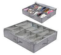 VidFair Under Bed Shoe Storage Organizer 12 Pockets Underbed Shoe Storage Chest with Clear Lid Foldable Non-Woven Fabric Lattice Storage Containers with Reinforced Handles
