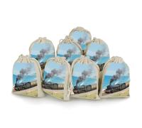 VIDI 8 PCS Steam Train by The Sea Drawstring Gift Bags Cotton Linen Party Favors Bags Reusable Burlap Bags for Decorated Event Holiday Party Favors, Wedding Favors