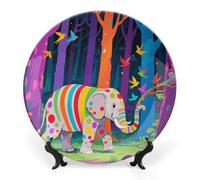 VIDI Bone China Decorative Plate with Display Stand - Colorful Forest Elephant Wall Hanging Ceramic Art Plate for Home Decor, Elegant Ornament for Living Room, Office, Wedding Gift 10inch