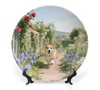 VIDI Bone China Decorative Plate with Display Stand - Corgi Floral Spring Garden Wall Hanging Ceramic Art Plate for Home Decor, Elegant Ornament for Living Room, Office, Wedding Gift 6inch