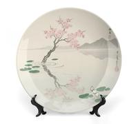 VIDI Bone China Decorative Plate with Display Stand - Japanese Floral Cherry Blossom Wall Hanging Ceramic Art Plate for Home Decor, Elegant Ornament for Living Room, Office, Wedding Gift 10inch