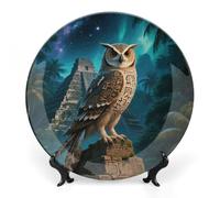 VIDI Bone China Decorative Plate with Display Stand - Maya Owl Wall Hanging Ceramic Art Plate for Home Decor, Elegant Ornament for Living Room, Office, Wedding Gift 6inch