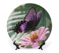 VIDI Bone China Decorative Plate with Display Stand - Purple And Black Butterfly Wall Hanging Ceramic Art Plate for Home Decor, Elegant Ornament for Living Room, Office, Wedding Gift 8inch