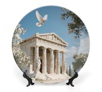VIDI Bone China Decorative Plate with Display Stand - White Dove over Greek Temple Wall Hanging Ceramic Art Plate for Home Decor, Elegant Ornament for Living Room, Office, Wedding Gift 6inch