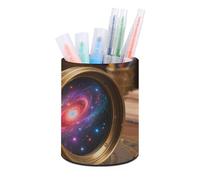 VIDI Pen Holder for Desk - Brass Scope & Galaxies Large Capacity Pencil Cup Organizer, Leather Makeup Brush Holders, Round Desk Pen Holder for Office, Classroom, Home Workspace Organization