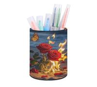 VIDI Pen Holder for Desk - Burning Roses Large Capacity Pencil Cup Organizer, Leather Makeup Brush Holders, Round Desk Pen Holder for Office, Classroom, Home Workspace Organization