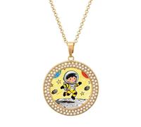 VIDI Pendant Necklace for Women Astronaut Moon Adventure Diamond Disc Charm Necklace with 19.7 Inch Chain, Round Sparkling Crystal Necklaces Jewelry for Party, Date & Christmas Gifts, One size, Zinc