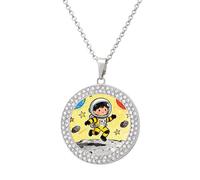 VIDI Pendant Necklace for Women Astronaut Moon Adventure Diamond Disc Charm Necklace with 19.7 Inch Chain, Round Sparkling Crystal Necklaces Jewelry for Party, Date & Christmas Gifts, One Size, Zinc