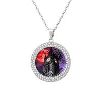 VIDI Pendant Necklace for Women Bat Gothic Clocktower Diamond Disc Charm Necklace with 19.7 Inch Chain, Round Sparkling Crystal Necklaces Jewelry for Party, Date & Christmas Gifts, One Size, Zinc