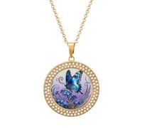 VIDI Pendant Necklace for Women Blue Morpho Myosotis Diamond Disc Charm Necklace with 19.7 Inch Chain, Round Sparkling Crystal Necklaces Jewelry for Party, Date & Christmas Gifts, One Size, Zinc